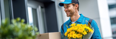 A smiling courier in a branded uniform brings a bouquet of bright yellow flowers alongside a package to a home entrance during daylight.の素材