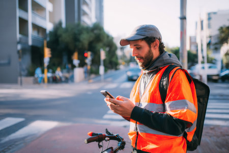 Courier on bicycle reviews route on smartphone while stopped at a busy intersection, surrounded by urban buildings and bright sunlight.の素材