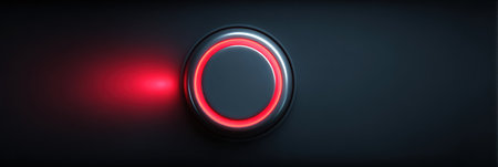 A reset button is illuminated with a menacing red glow, situated prominently in a clean, dark environment, suggesting a pivotal moment of action.の素材