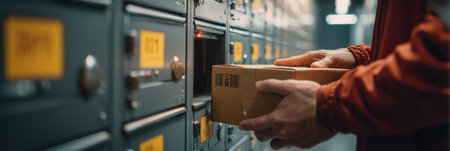 Courier places a delivery box in a cold storage locker, ensuring safe storage of the item in a busy facility designed for temperature control.の素材