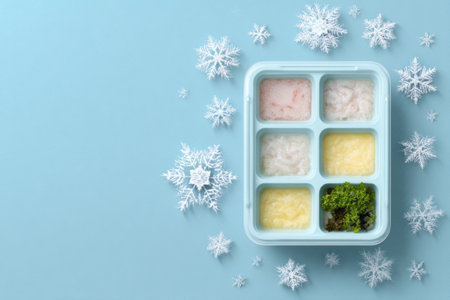 Seasonal poster mockup highlights frozen food month with a clean product arrangement surrounded by decorative snowflakes for a winter theme.の素材