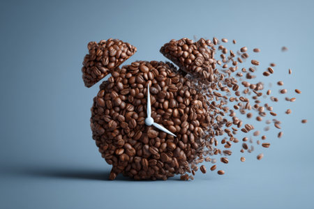 Unique coffee beans take the shape of an alarm clock, illustrating the relationship between caffeine and waking up, surrounded by a clean blue background.の素材