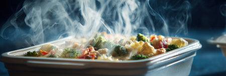 Close-up of a frozen dinner being heated, steam rising and revealing colorful vegetables and meat, creating a warm and appetizing atmosphere for a meal.の素材