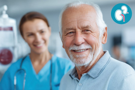An elderly man smiles alongside a dialysis nurse, promoting kidney health and awareness during a session at a medical facility, fostering optimism in patients.の素材