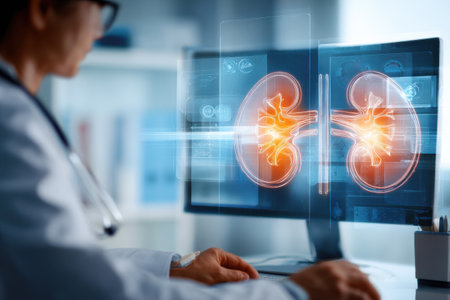 Doctor reviews kidney test results during a virtual consultation, utilizing advanced technology to analyze images in a medical office at daytime.の素材