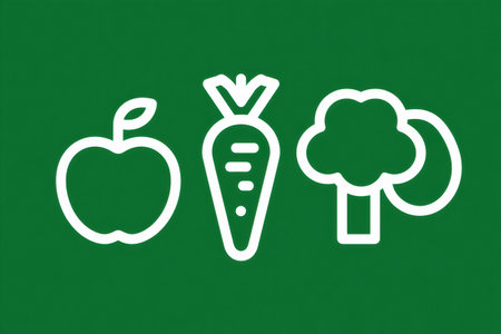 Bright icons of an apple, carrot, and broccoli displayed against a green background promote the benefits of healthy eating and nutrition for all ages.の素材