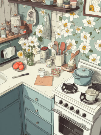 A vintage kitchen displays an assortment of utensils and fresh flowers, creating a warm and inviting atmosphere perfect for cooking and gathering.の素材