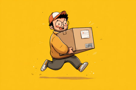 A lively cartoon courier is playfully running with a large delivery box, showing enthusiasm and energy in a bright yellow setting.の素材