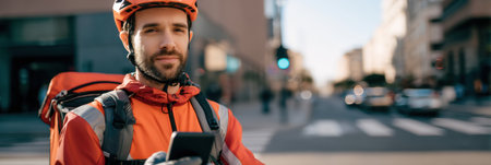 Courier dressed in bright orange gear looks at smartphone to check directions while waiting at a busy city intersection on a sunny day.の素材