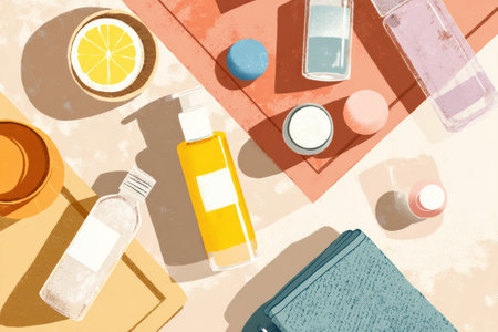 Flatlay displays various skincare products including bottles and jars arranged neatly with a towel and a lemon slice, creating a serene atmosphere for skincare.の素材
