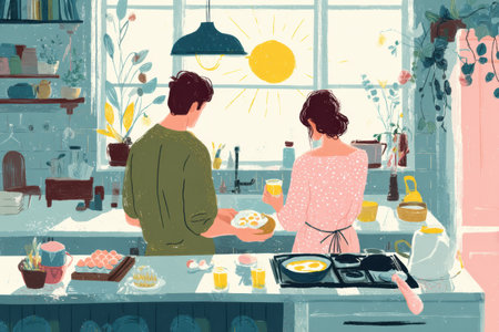 In a bright kitchen, a couple prepares a delicious breakfast together, surrounded by sunlight streaming through a large window.の素材
