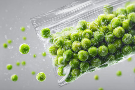 Colorful 3D representation of frozen peas packed in a resealable bag showcases vibrant green colors and ice crystals, highlighting freshness and storage.の素材