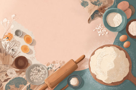 Flour, eggs, a rolling pin, and various ingredients are organized for baking on a textured surface, inviting creativity and warmth into the kitchen.の素材