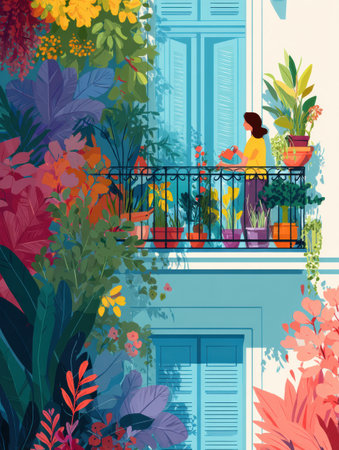 A person tends to a lively balcony garden, watering a variety of colorful plants while surrounded by a rich display of flowers in an urban environment.の素材