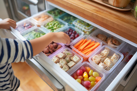 A young child opens a freezer drawer full of vibrant meal boxes organized neatly, showcasing fruits and vegetables with a clean kitchen backdrop.の素材