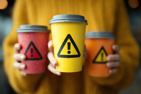 Holding three different caffeine drinks with visible alert signs, the person stands in a lively atmosphere, enjoying a vibrant daytime experience.の素材