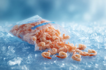 A 3D bag of frozen shrimp is tipped over on an icy surface, with shrimp spilling out and creating a fresh and appealing look for seafood presentations.の素材