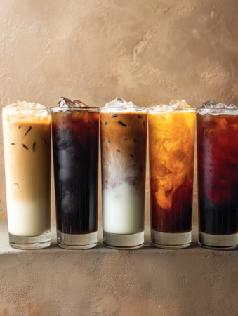 Caffeinated drinks of varying levels sit on a stone surface, showing a variety from creamy iced beverages to rich dark brews.の素材
