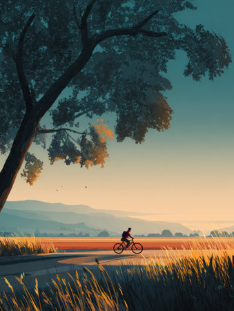 Enjoying a serene bicycle ride through the countryside during golden hour, with soft light illuminating the fields and distant mountains.の素材