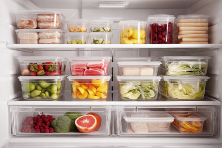 This modern freezer showcases an organized interior featuring clear containers filled with a variety of frozen fruits, vegetables, and meals.の素材