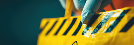 A gloved hand grips a yellow bag marked with hazard symbols, indicating safe practices in waste management within a controlled setting.の素材