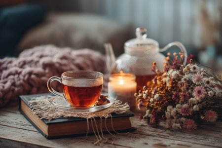 A warm cup of tea sits beside a lit candle and an open book, creating a calming atmosphere perfect for a wellness morning routine in a cozy settingの素材