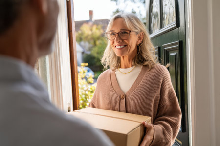 A woman stands at her front door smiling as she receives an eco delivery box from a delivery person in a cheerful, sunny neighborhood.の素材
