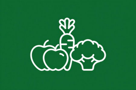 Brightly colored icons of an apple, carrot, broccoli, and kidney against a vibrant green background emphasize the importance of healthy eating and nutrition.の素材