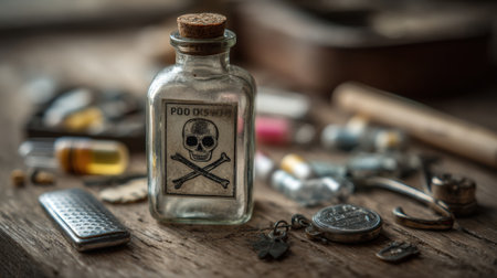 A poison bottle marked with crossbones sits among various items depicting safety and danger on a wooden table, highlighting the contrast between them.の素材