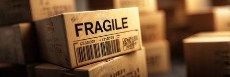 A stack of fragile parcels is shown with an open top layout, featuring a barcode scan overlay for inventory tracking in a warehouse environment.の素材
