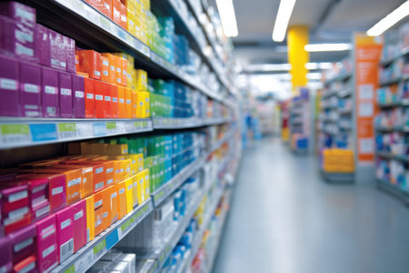 The pharmacy aisle showcases a well-organized display of color-coded safety labels, enhancing clarity and facilitating easy access to medications.の素材