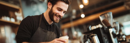 A friendly barista enthusiastically recommends low-caffeine drinks to excited customers in a warm and inviting cafの素材