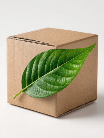 Eco-friendly box features a green leaf delivery label, highlighting sustainable packaging options for products and promoting environmental awareness.の素材