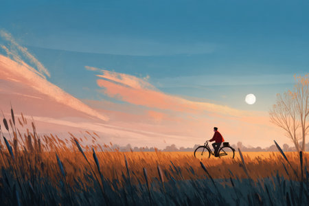 Enjoy a peaceful bicycle ride through golden fields during sunset, surrounded by serene countryside and a vibrant sky filled with soft colors.の素材