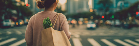A woman strolls through bustling city streets during twilight, holding a grocery bag filled with fresh vegetables and enjoying the vibrant atmosphere.の素材
