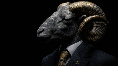 An anthropomorphic ram in a stylish suit displays a cracked stone texture, highlighting its distinct features while set against a dark backdrop during twilight.の素材