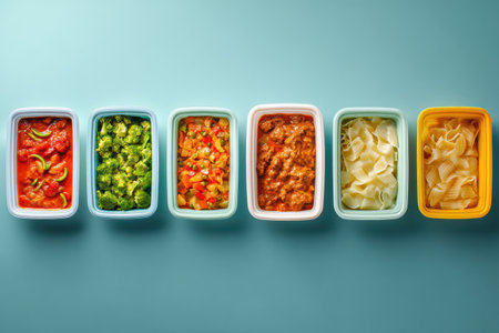 Microwave-ready frozen meals are displayed in a flat design, featuring vibrant colors and diverse ingredients to highlight convenience for busy lifestyles.の素材