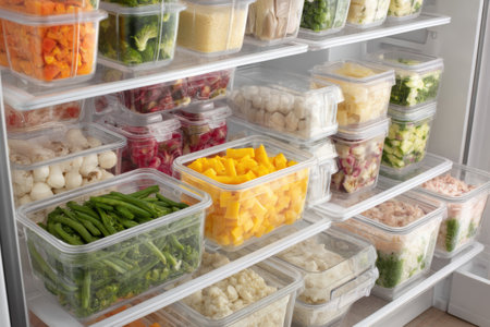 A neatly organized modern freezer filled with assorted frozen veggies, fruits, and meals in clear containers for easy access.の素材