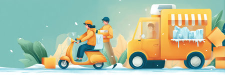 Delivery personnel transporting frozen food on a scooter alongside a yellow truck in a snowy environment, showcasing a convenient service during winter.の素材