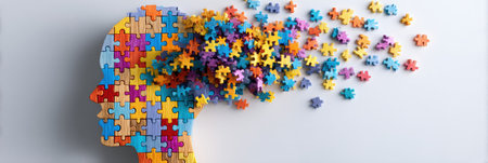 A wooden head silhouette filled with vibrant puzzle pieces symbolizes the intricate connections of ideas and the complexity of logical thought processes.の素材