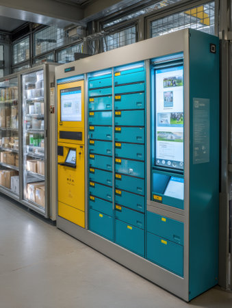 Smart locker wall interface shows delivered status and illuminated features, providing convenience for users collecting packages in a contemporary environment.の素材