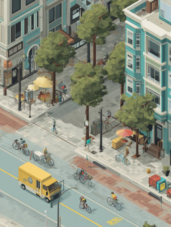 Couriers navigate an isometric city street on bikes and scooters, sharing space with a delivery van. Trees and cafes line the bustling path.の素材