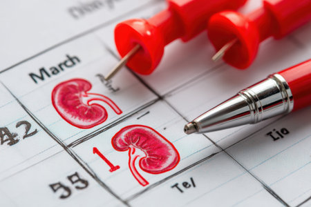 March is clearly marked as Kidney Month on the calendar, emphasizing the importance of kidney health and awareness activities with red pins used for visibilityの素材