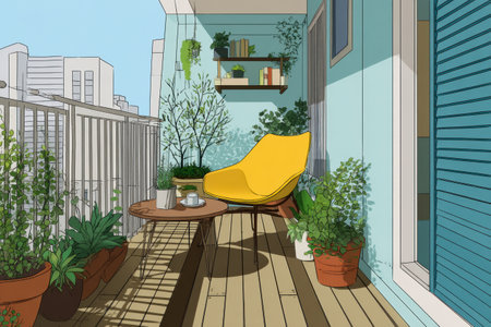 A serene balcony garden with lush plants, a comfy chair, and a steaming cup of coffee overlooking a bustling city skyline. Perfect for unwinding.の素材