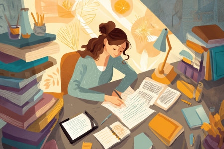 Student diligently writes notes at a desk in a bright study area, surrounded by books and a tablet, creating a productive learning environment.の素材