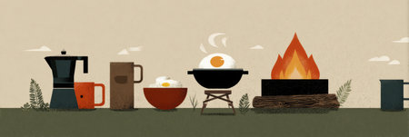 Enjoying a camping breakfast featuring coffee, eggs, and a cozy fire pit in a serene outdoor setting. Perfect for a peaceful morning getaway.の素材