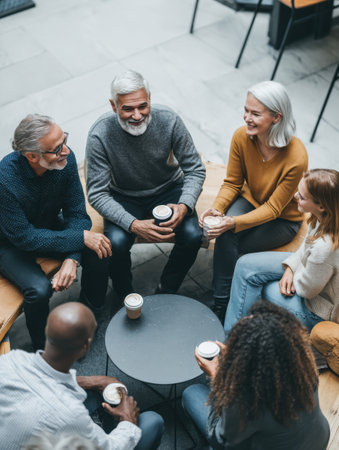 Group of coworkers gathering around a small table for an afternoon break, sharing stories and laughter in a bright, open office space.の素材