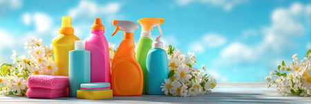 Colorful cleaning supplies arranged on a surface with flowers in a bright spring atmosphere, promoting child safety tips during spring cleaning routines.の素材