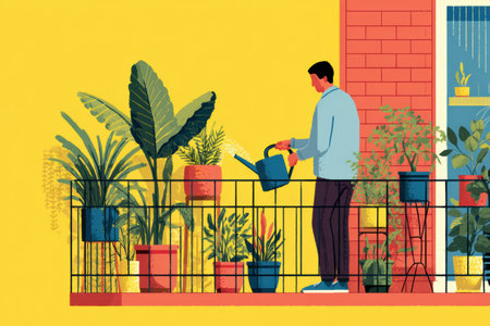 A person tends to vibrant plants on a balcony garden, watering them gently while surrounded by a variety of greenery on a sunny afternoon.の素材