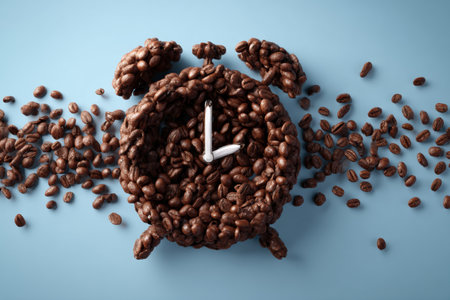 Coffee beans transform into an alarm clock, symbolizing morning routines and the need for energy to start the day, set against a serene blue backdrop.の素材